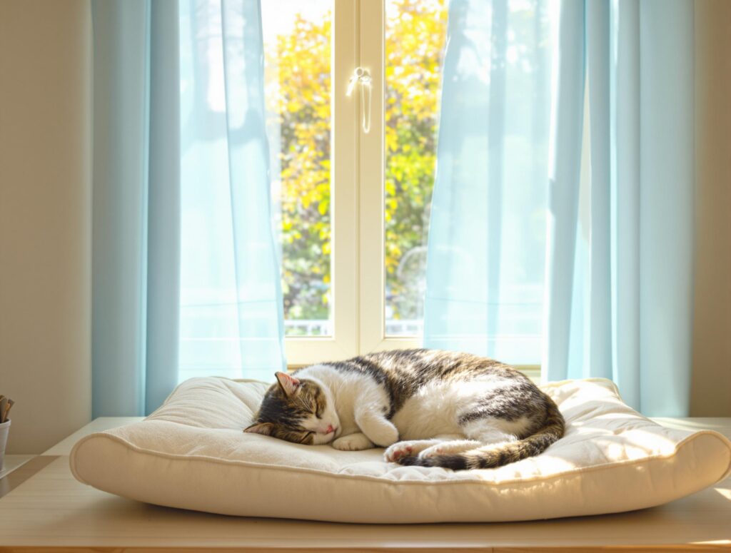 A serene domestic cat sleeping in a cozy ivory bed with sunlight streaming through a window, highlighting comfort and tranquility.
