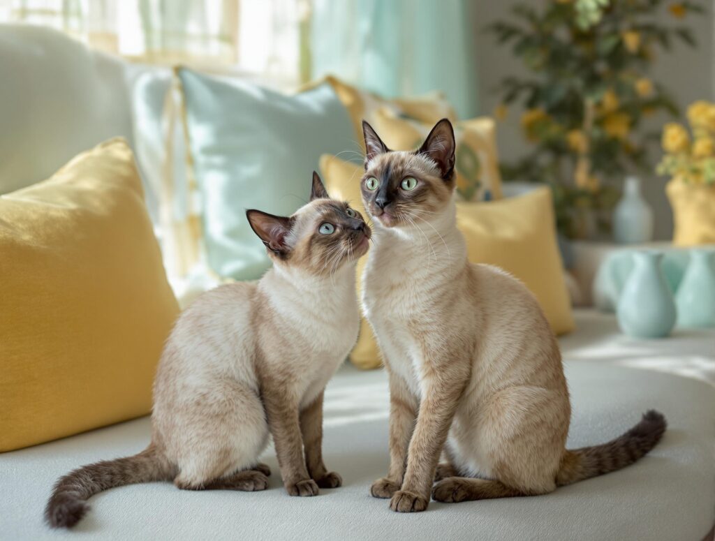 Two playful Siamese cats in a cozy living room, showcasing point coloration and dynamic interaction.