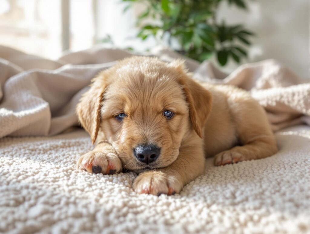 A small, weary-looking puppy lying curled up on a plush bed, in soft afternoon light, with gentle shadows and hints of gentle green in the blurred background.