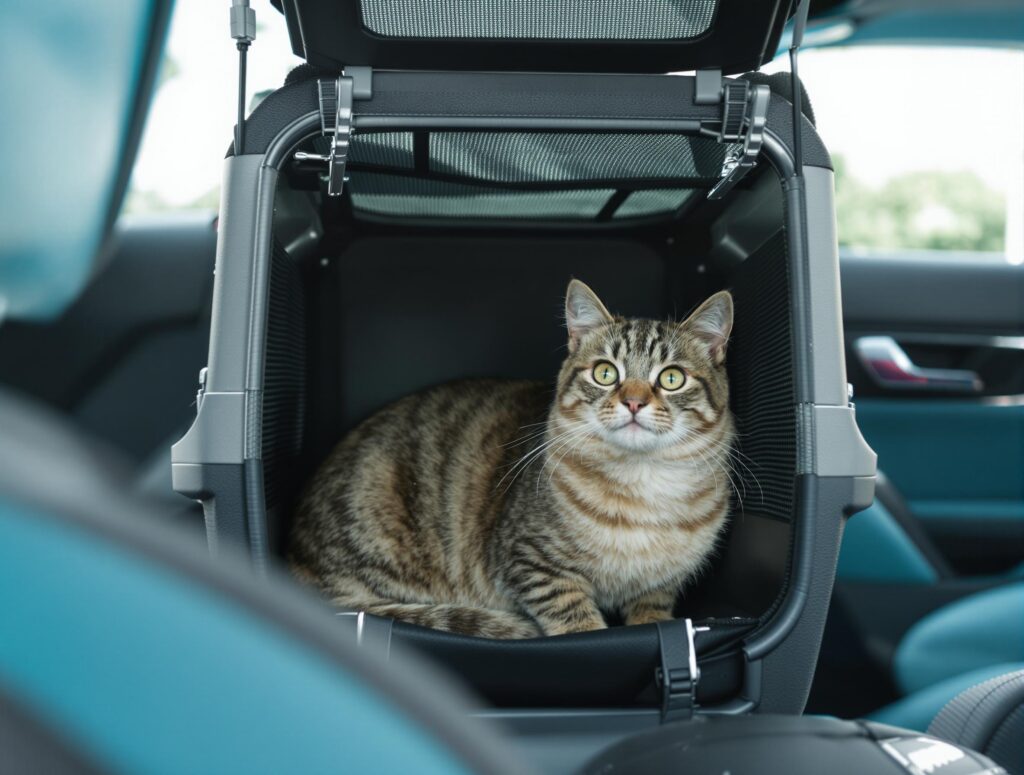 Serene cat with inquisitive gaze in a car carrier, highlighting signs of potential illness.