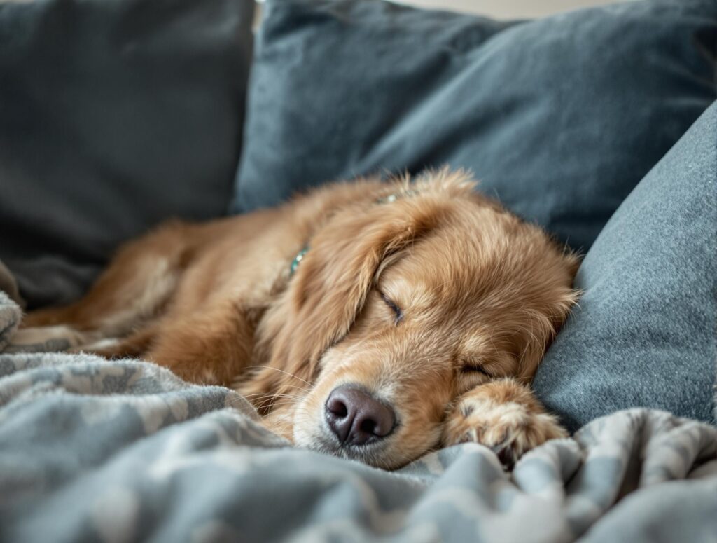 a floppy-eared dog sleeping on a blue couch