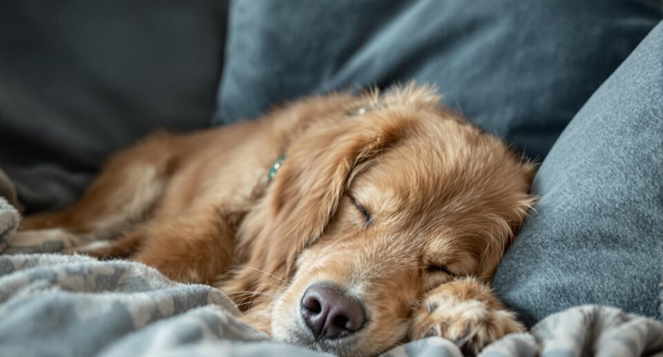 a floppy-eared dog sleeping on a blue couch