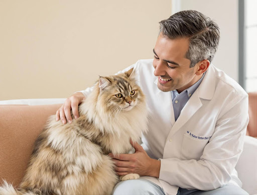 smiling male vet petting a fluffy cat