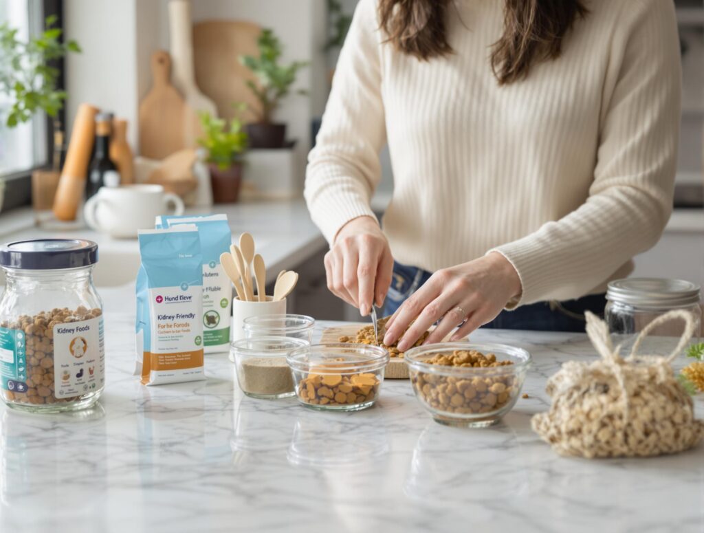 Compassionate pet owner preparing specialized kidney-friendly meal for dogs in a warm kitchen scene.