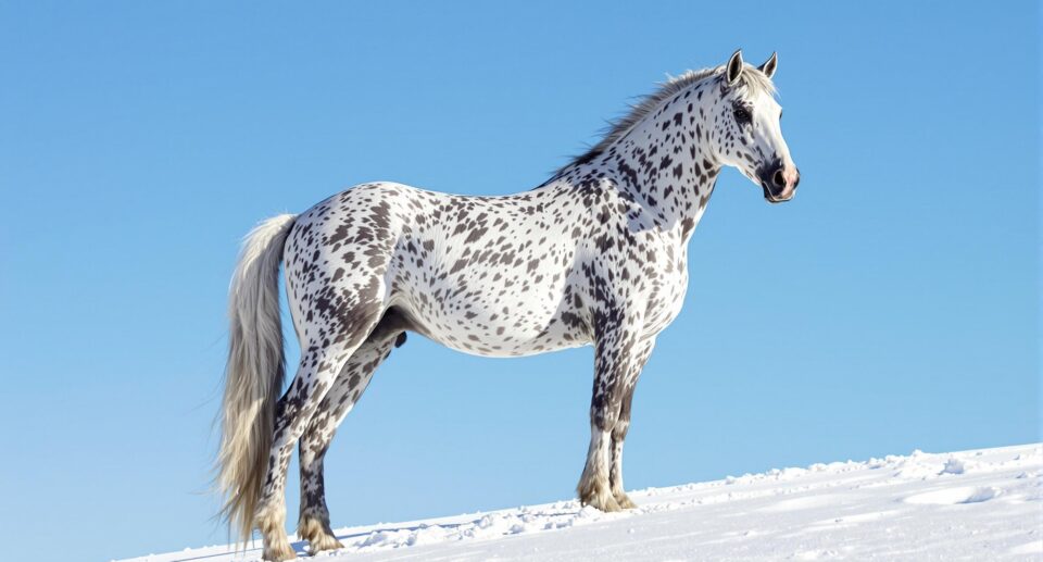 a spotted black and white horse on a snowy hill