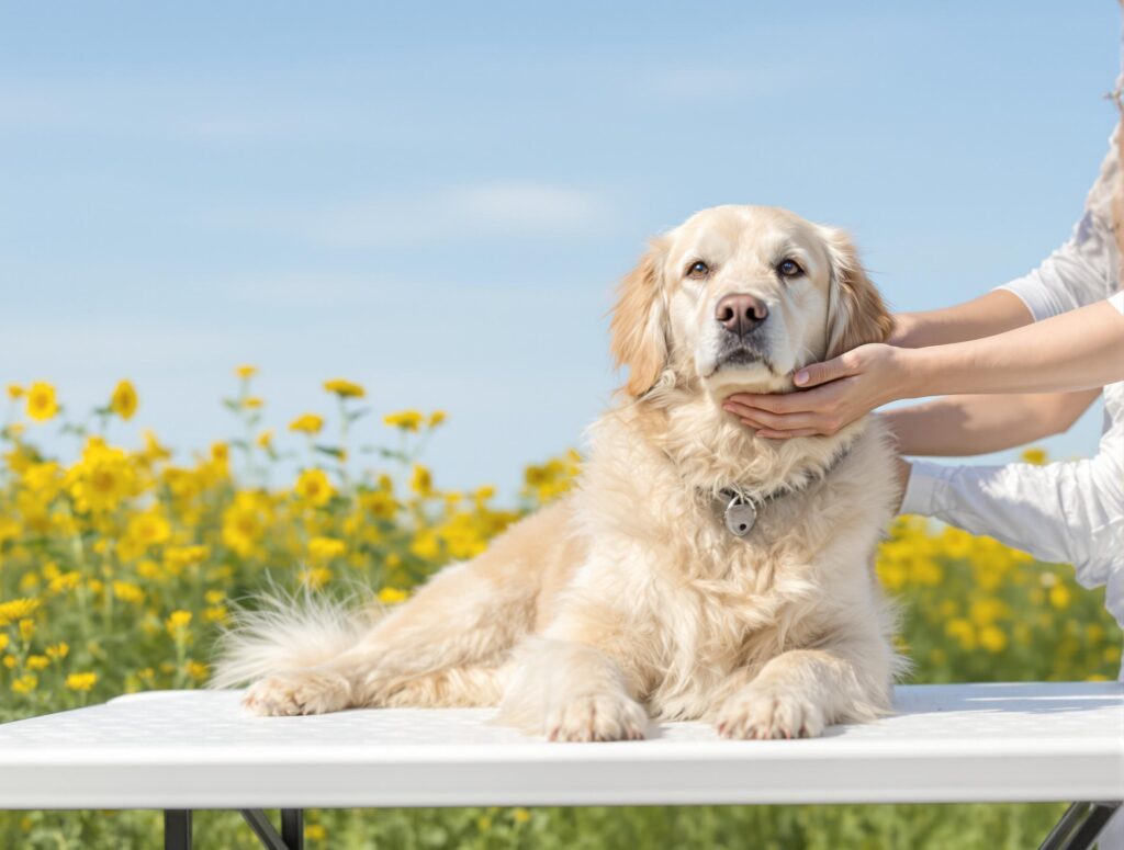 Golden retriever being groomed outdoors with pollen particles visible, highlighting spring allergies in dogs.