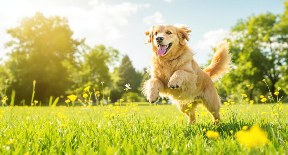 Golden retriever leaping joyfully in a sunlit park, illustrating a spring checklist for dog health and happiness.