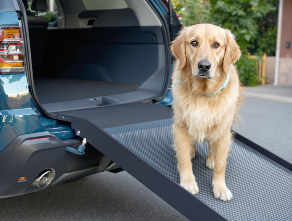 Golden Retriever using a blue ramp to enter an SUV, highlighting accessibility for arthritic dogs.