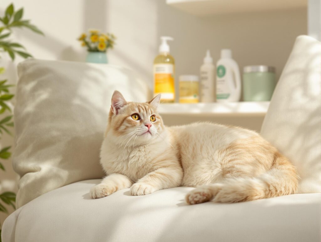 Cream-colored cat lounging peacefully indoors, highlighting a calm, spray-free environment.