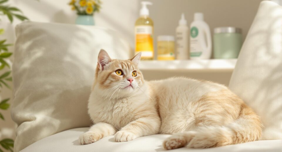 Cream-colored cat lounging peacefully indoors, highlighting a calm, spray-free environment.