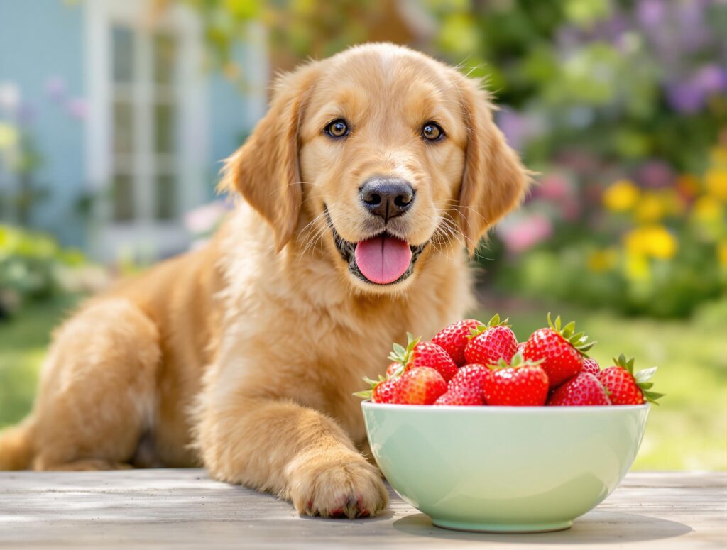 Golden retriever puppy in garden with bowl of strawberries, illustrating if strawberries are safe for dogs.
