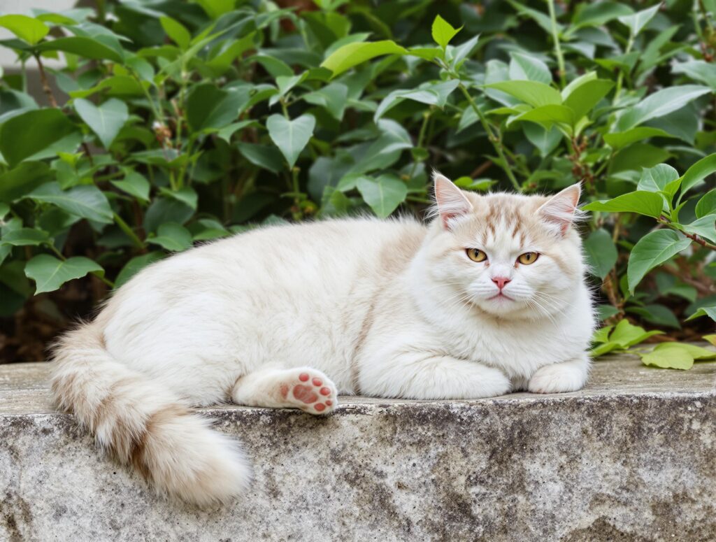 A serene community cat lounges on a stone surface in an urban garden, surrounded by lush plants, emphasizing tranquility.
