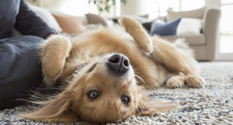 A golden retriever displays submissive urination behavior at home with its owner, highlighting dog-owner trust and connection.