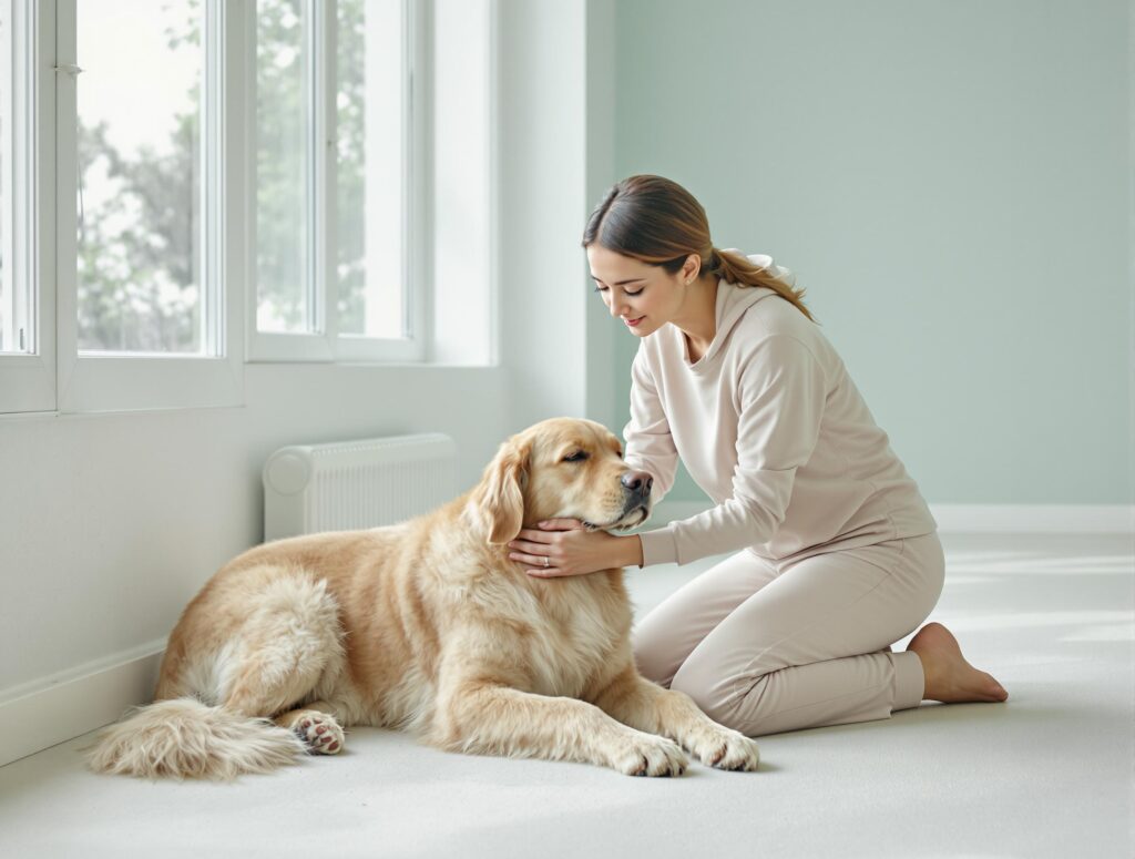 A young adult compassionately strokes a calm golden retriever, illustrating a serene human-animal bond, representing submissive urination in dogs.