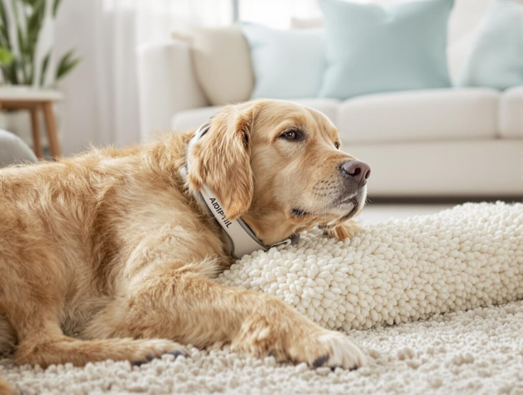 Golden retriever wearing Adaptil collar on rug, illustrating submissive urination treatment for dogs.