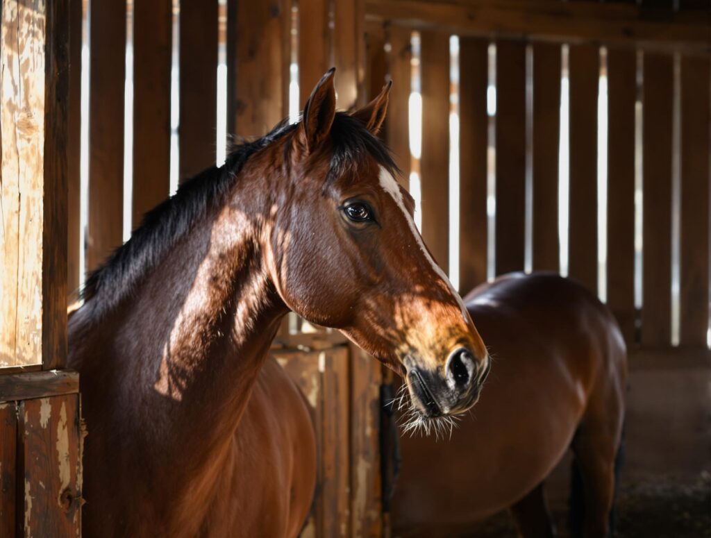 A serene, well-groomed horse in a rustic barn, highlighting summer grooming tips for horses.