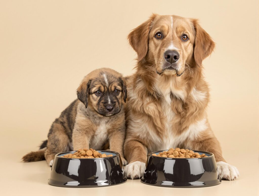 A young puppy and adult dog with contrasting breeds sitting together with distinct food bowls, highlighting the transition from puppy food to adult dog food.