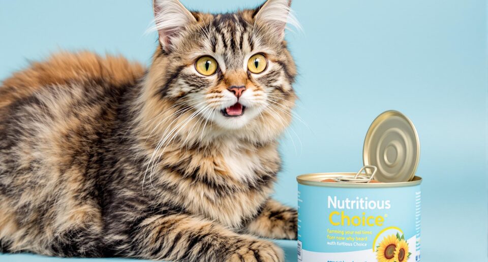 A cheerful domestic cat near an open can labeled 'Nutritious Choice', promoting the switch from dry to canned food.