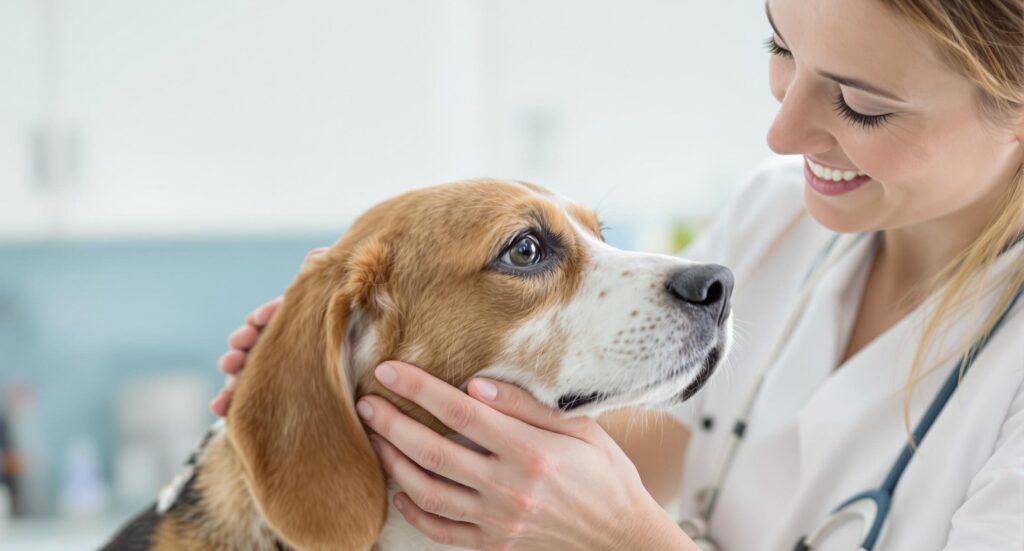 During a routine checkup, a veterinarian screens her Beagle patient for common diabetes indicators.