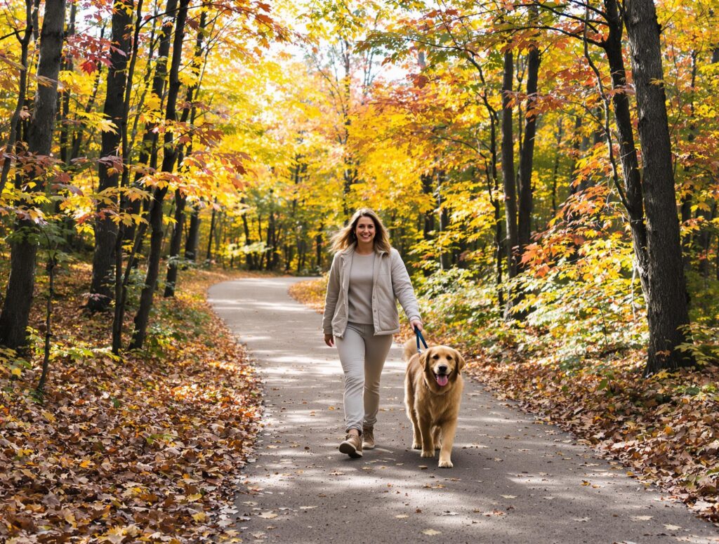 a woman and her golden retriever take a walk