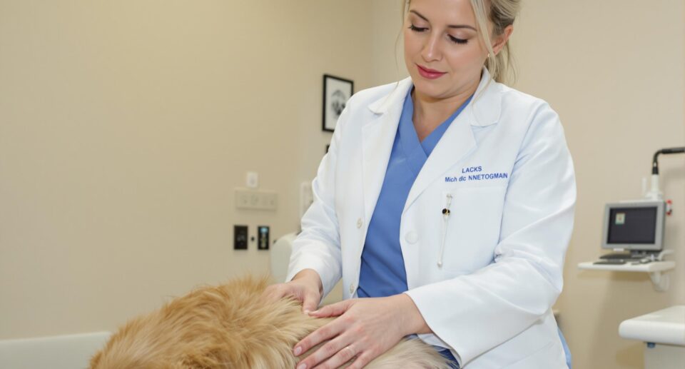 Compassionate veterinarian examines golden retriever's abdomen, emphasizing expertise in canine tapeworm treatment.