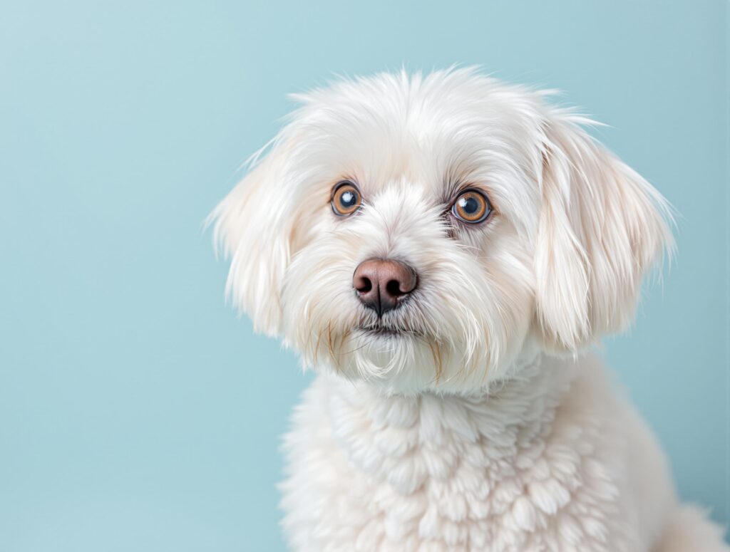 Pristine white dog with bright eyes and no tear stains against a blue background.