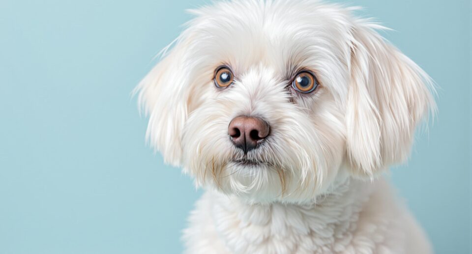 Pristine white dog with bright eyes and no tear stains against a blue background.