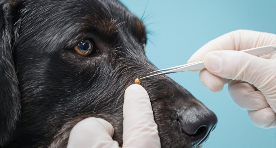 Veterinarian using tweezers to remove tick from calm dark-coated dog, emphasizing medical precision and cleanliness.