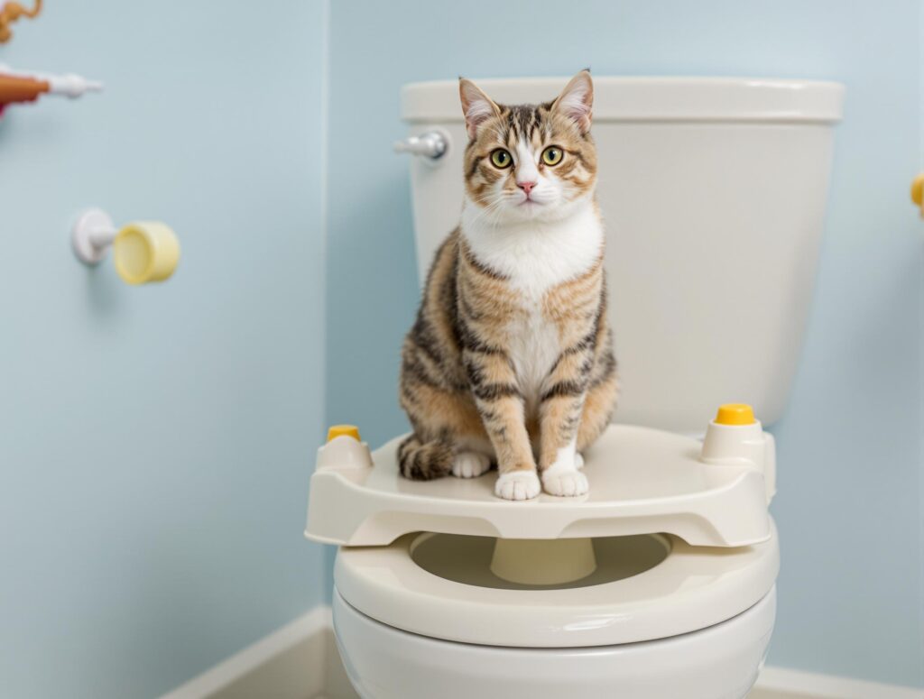 A playful cat confidently using a specialized toilet training system in a minimalist bathroom, showcasing effective cat toilet training techniques.