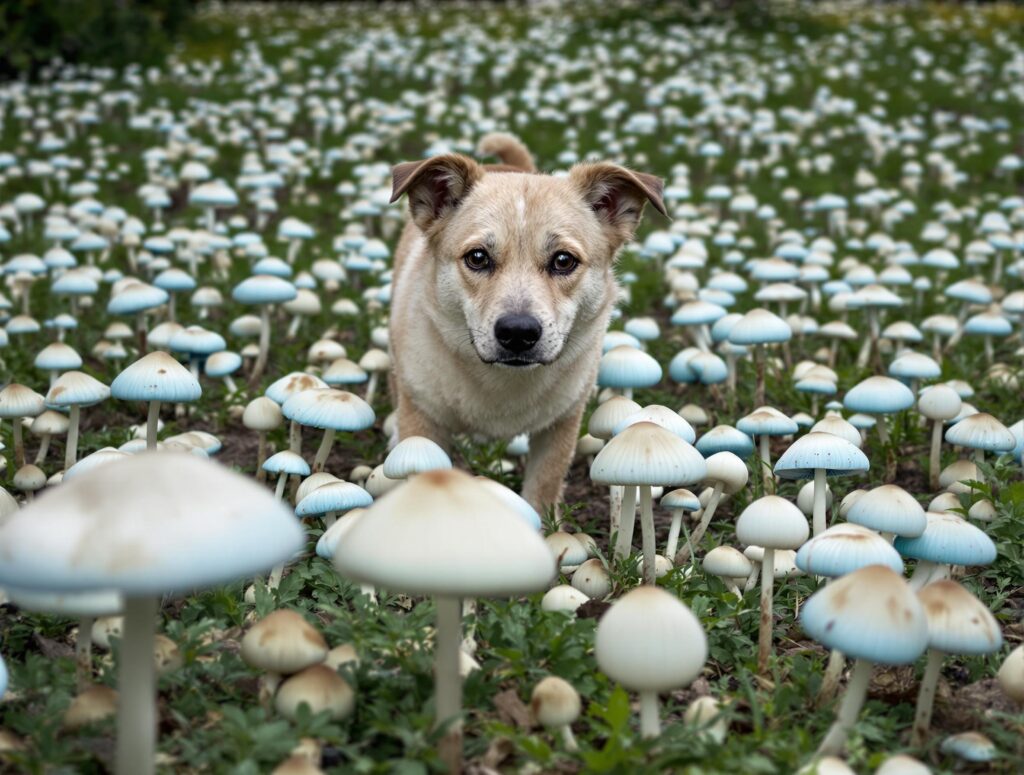A mixed-breed dog cautiously explores a backyard with potentially toxic white and pale blue mushrooms.