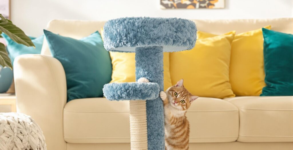 curious orang kitten exploring a scratching post