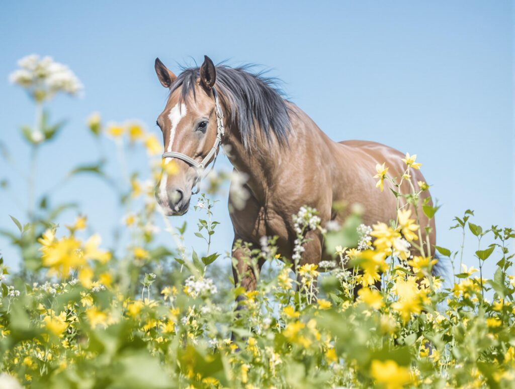 A peaceful horse grazing in a serene pasture landscape with varied vegetation under a clear blue sky.
