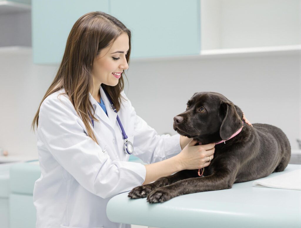 A compassionate veterinarian examines a mixed-breed dog for anal sac problems in a modern clinic.