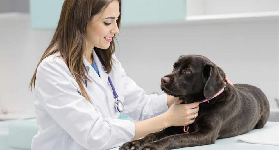 A compassionate veterinarian examines a mixed-breed dog for anal sac problems in a modern clinic.