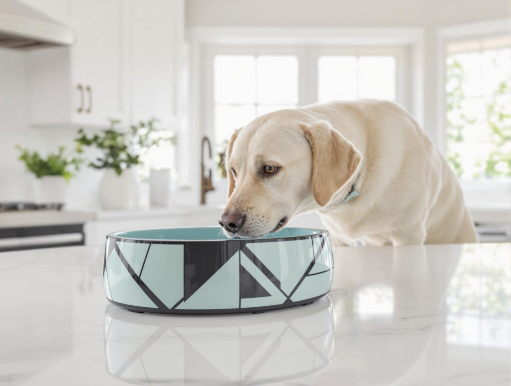 Playful Labrador retriever drinking from a stylish water bowl in a bright kitchen, illustrating dog hydration for bladder stone treatment.