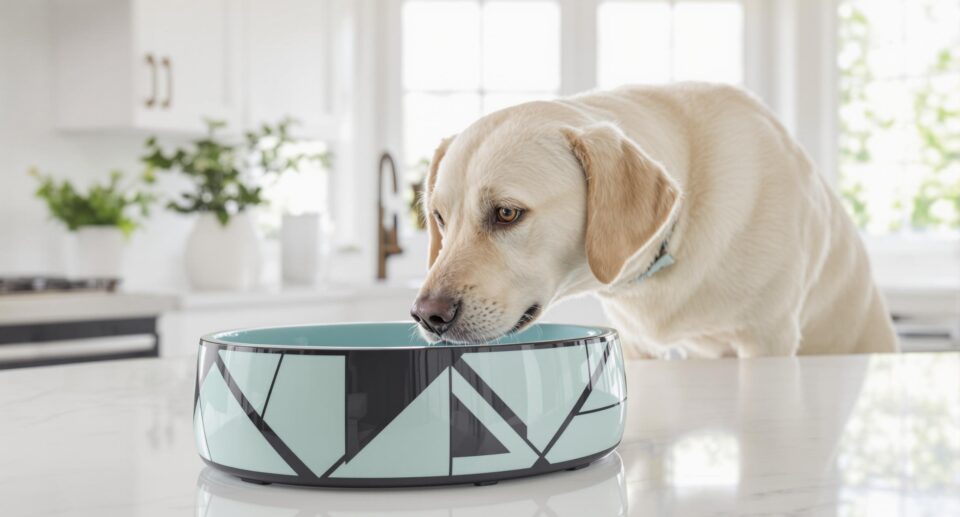 Playful Labrador retriever drinking from a stylish water bowl in a bright kitchen, illustrating dog hydration for bladder stone treatment.