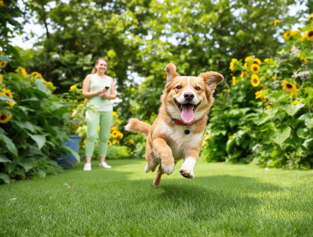 A vibrant mixed-breed dog running joyfully in a garden, symbolizing recovery from urinary tract infections in dogs.