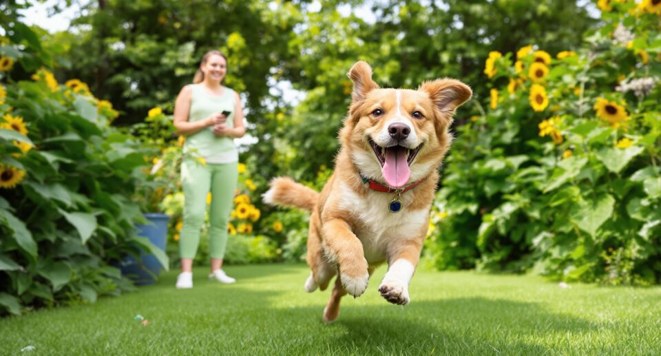 A vibrant mixed-breed dog running joyfully in a garden, symbolizing recovery from urinary tract infections in dogs.