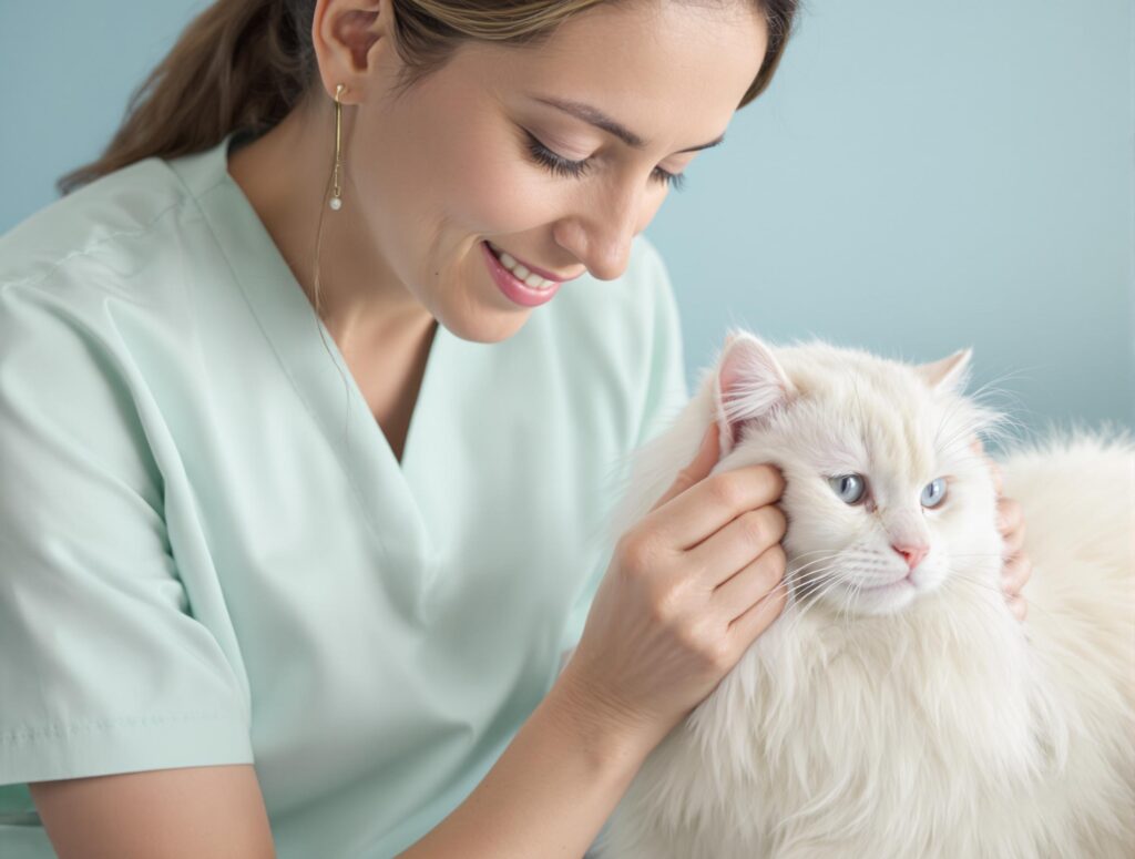 A veterinary professional in mint green scrubs gently cleans a white cat's ear, illustrating how to treat ear mites in cats.