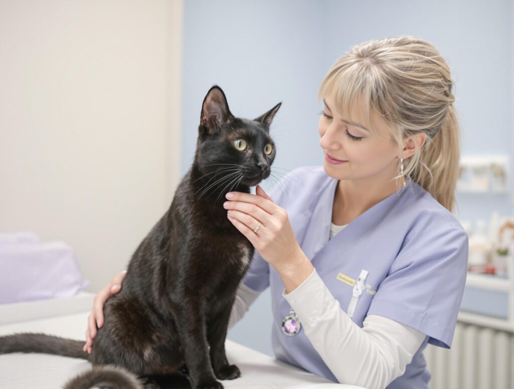 Female veterinarian gently applies treatment to black cat's skin for fungal infection care.