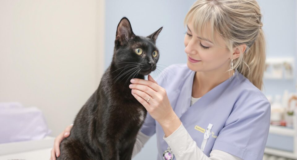 Female veterinarian gently applies treatment to black cat's skin for fungal infection care.