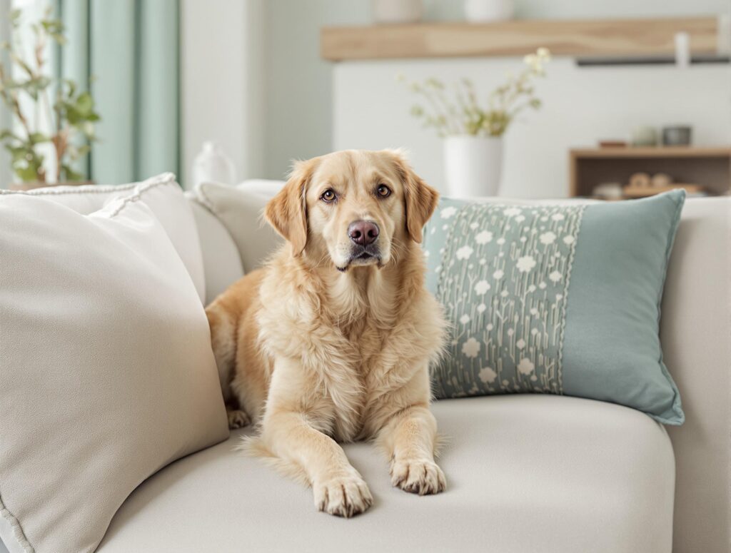 A medium-sized dog with a calm expression sits on a couch, illustrating how to treat glaucoma in dogs.