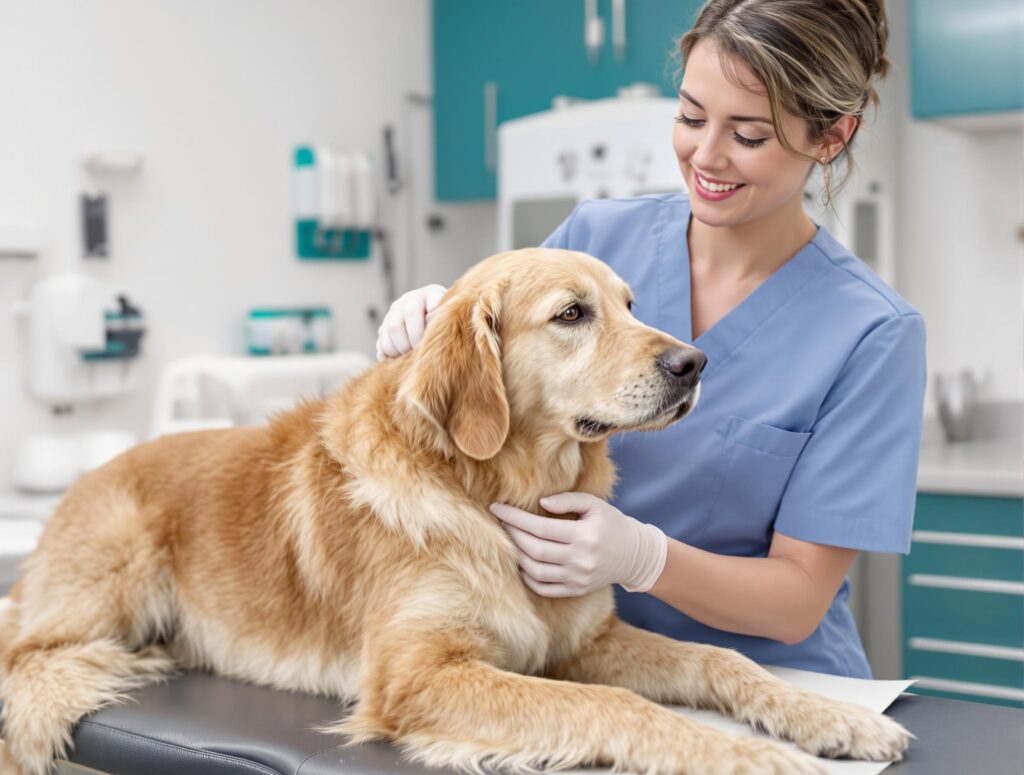 Female veterinarian applying tick prevention treatment to a golden retriever, demonstrating professional care for Lyme disease in dogs.