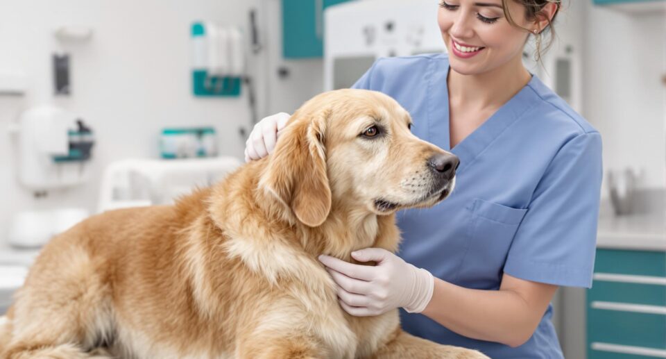 Female veterinarian applying tick prevention treatment to a golden retriever, demonstrating professional care for Lyme disease in dogs.