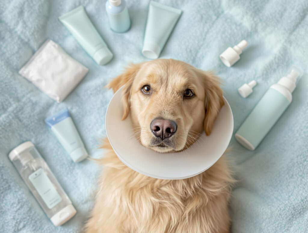 Golden retriever wearing a medical collar on a bed surrounded by veterinary products, suggesting compassionate pet care.