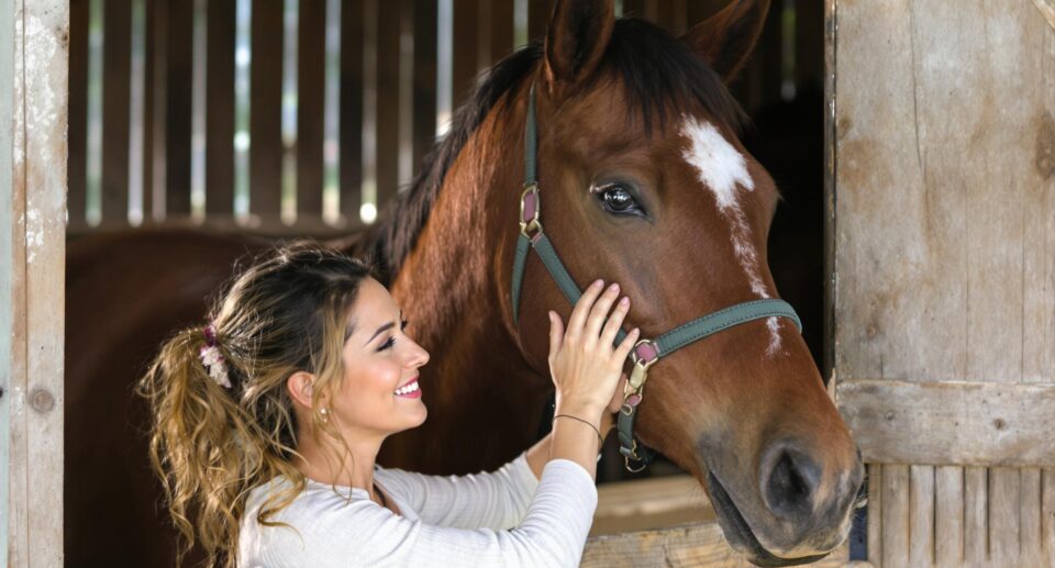 A mid-30s female caretaker gently strokes a bay stallion's mane, highlighting the bond in a serene barn environment, illustrating horse pain treatment.