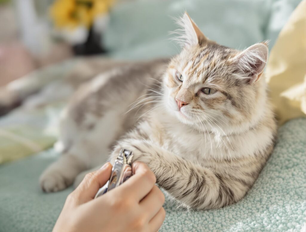 A calm domestic cat with soft fur having its nails trimmed by a caregiver on a plush surface.