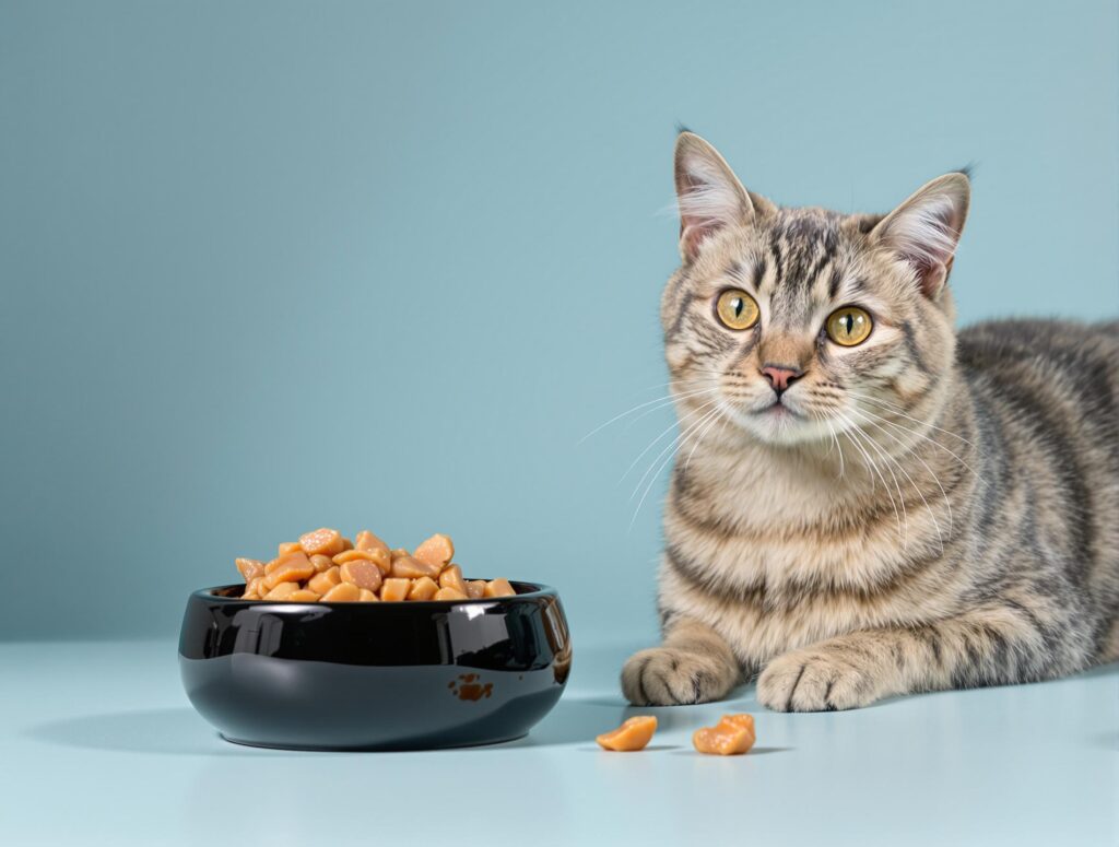 A curious domestic cat beside a bowl of tuna, highlighting concerns about tuna's effects on cat health.