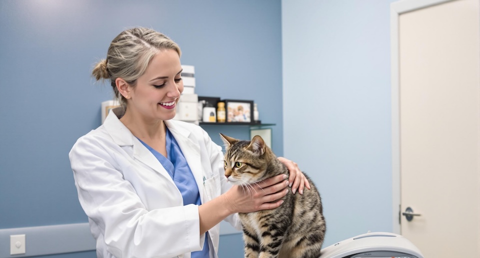 Female veterinarian weighing tabby cat in clinic for unexplained weight loss in cats.