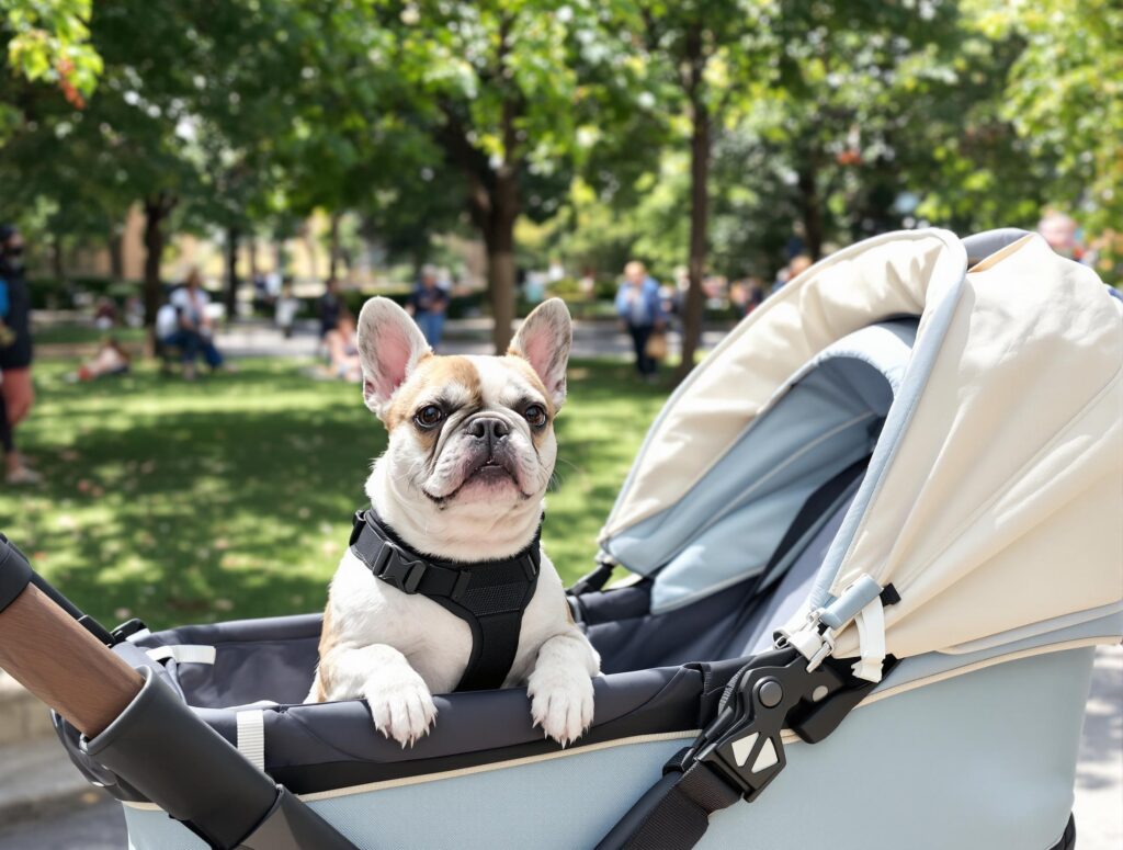 Small breed dog in a modern stroller at a sunlit city park, wearing a sleek black harness.
